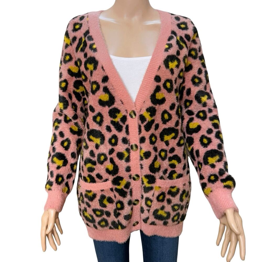 For Love And Lemons Marielle Leopard Print Cardigan Medium Button Down Fuzzy